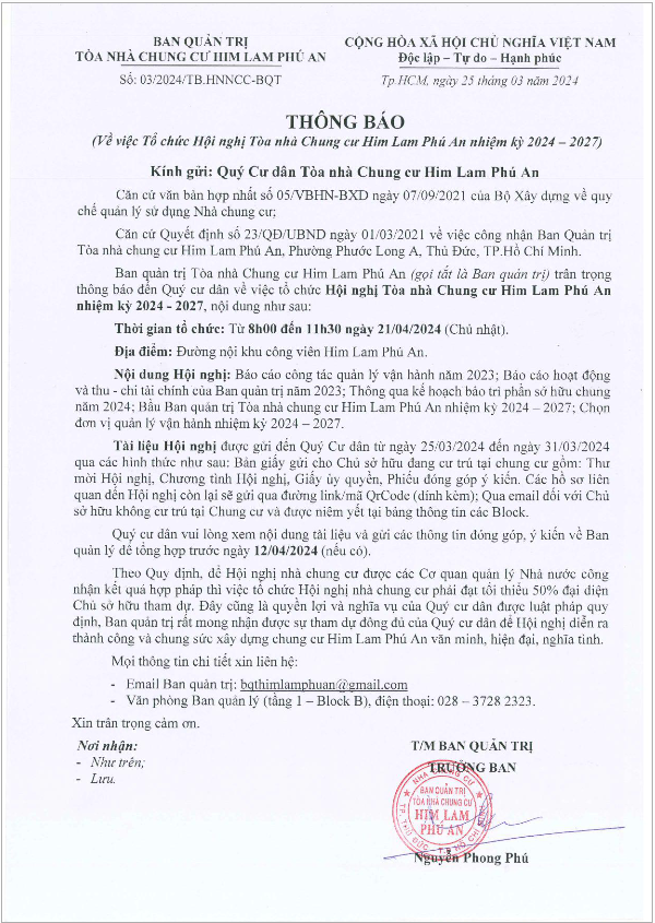 HỒ SƠ HỘI NGHỊ TÒA NHÀ CHUNG CƯ HIM LAM PHÚ AN NK 2024 -2027
